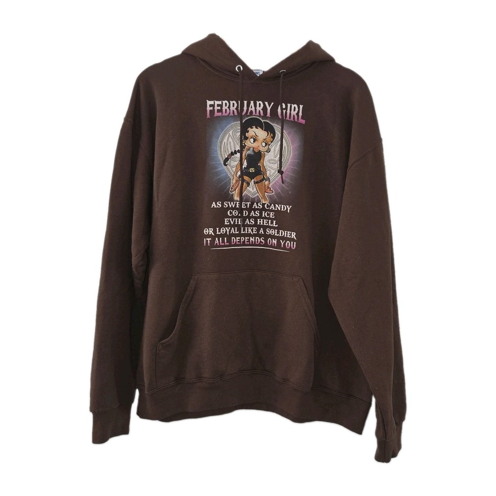 Betty Boop February Girl Graphic Hoodie Sweatshirt Brown L NuBlend
